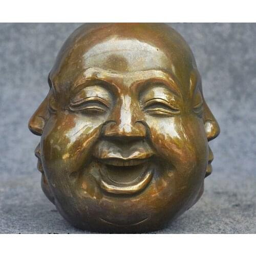 6" China Buddhism Bronze Happy Anger Sorrow Joy 4 Face Maitreya Buddha Statue