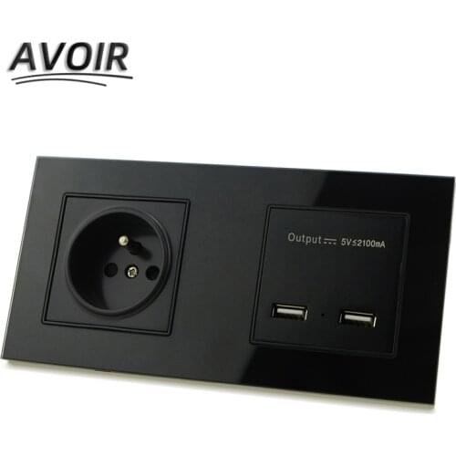 Atlectric FR Standard Plug Socket Power Adapter USB Charging Port For Mobile Double Power Wall Socket Glass Panel Outlet