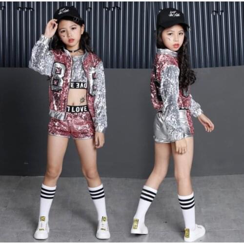 Children Girl hip Hop Jazz Costume Modern Ballroom Dance Wear Clothing Kids Sequined Sports Clothes For Girls 4 6 8 12 Years Old