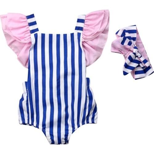 Newborn Infant Baby Girl Clothes Summer Ruffle Sleeve Striped Rompers Jumpsuit Strap Bowknot Back Sunsuit Outfits 0-18 Months
