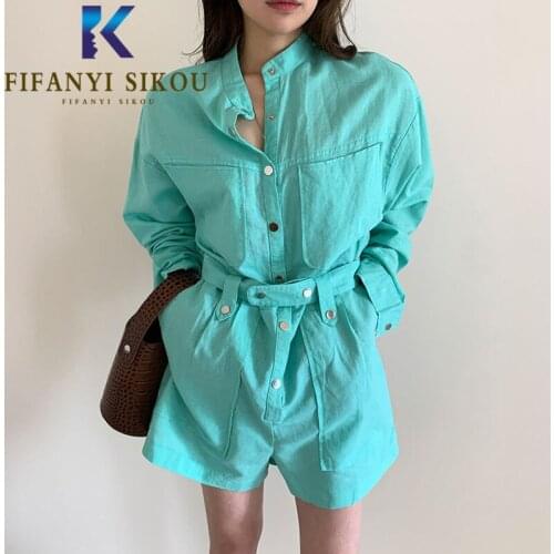 Cotton Linen Jumpsuit Women Cargo Short Pants Pocket Fashion Long Sleeve High Waist Rompers Female Summer Loose Casual Overalls