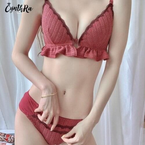 CTNTHRA Bra Set Womens Sexy Lace Deep V Beauty Back Wireless Gathered Push Up Thin Triangle Cup Ladies Underwear Lingerie Set