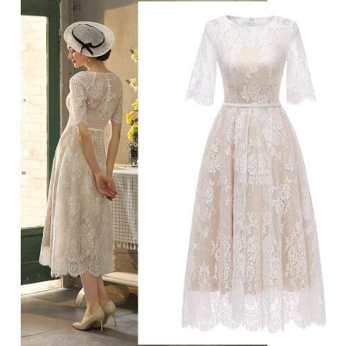 Lace Vintage Short Calf Length Bridal Gown Women Bridesmaid Dress Half Sleeve Swing Wedding Dress Studio Photography #1617