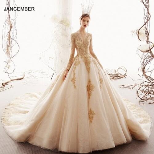 LDR08 Champagne Long Sleeve Bridal Wedding Dress 2021 Applique Printed Pattern Transparent V-neck Pettiskirt свадебное платье