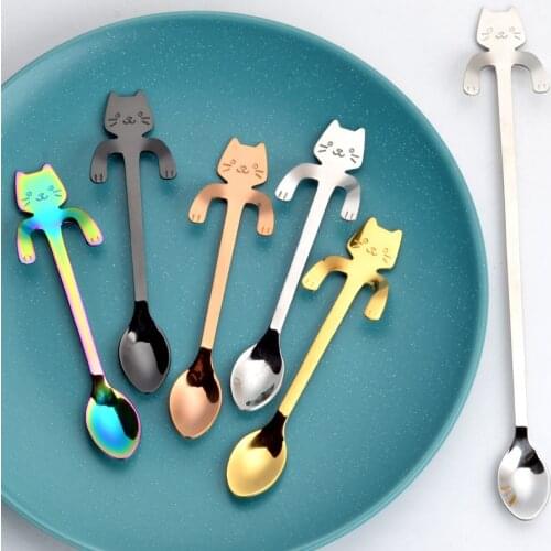 Stainless Steel Spoons Lovely Cartoon Cat Hanging Coffee Cup Spoon Ice Cream Dessert Teaspoon Creative Hanging Scoop Coffeeware