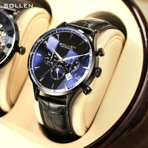 SOLLEN Men Brand Watch 3 Sub Dial Mechanical Watch Automatic Calendar Mens Leather Band Clock Waterproof moon phase Watch SL-303