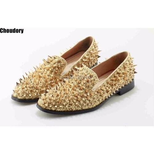 New factory customized logo men luxury shinny glitter gold and silver spikes shoes slip on loafers rivets men casual shoes