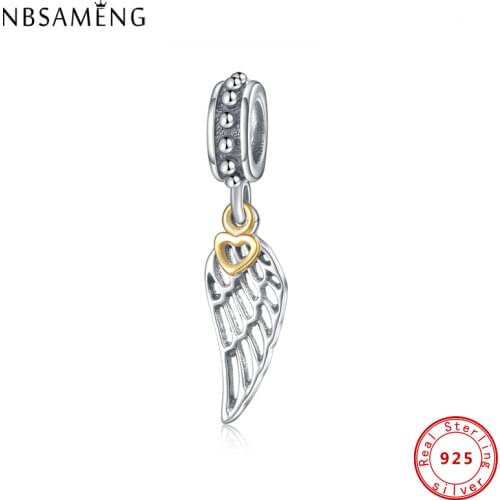 Original 100% 925 Sterling Silver Charm Angel Wing Gold Heart Pendant Beads Charms Fit Bracelet Women Diy Jewelry