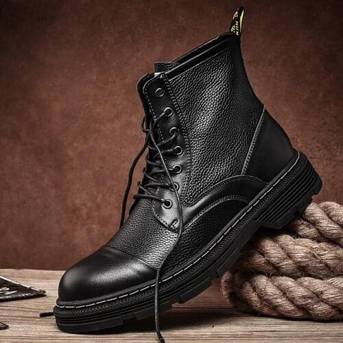 Autumn Winter New Genuine Leather Martin Boots Handmade High Top Tooling Shoes Men Black&Brown Lace-up Leather Boots Ankle Botas