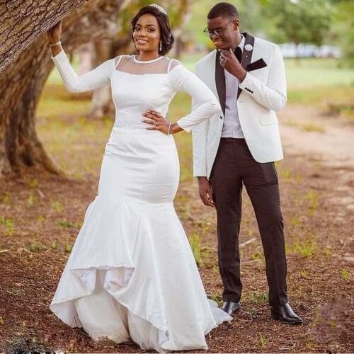 Sheer Round Neck Mermaid Wedding Dress Long Sleeve Asymmetrical Satin Bridal Dresses With Belt Country Wedding Gowns