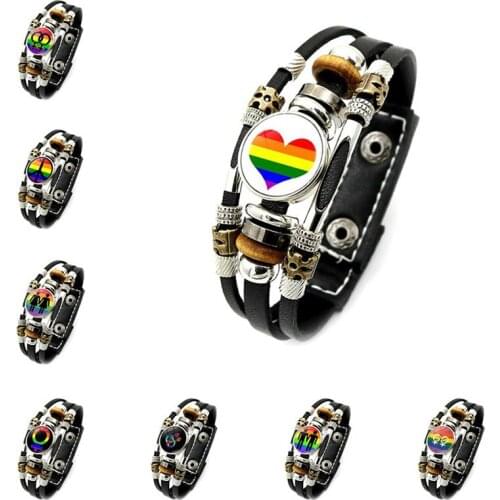 Rainbow Flag Lesbian Gay Pride Bracelet Bisexuals Transgender Lesbian Pride Jewelry Multilayer Punk Leather Bracelet Lovers Gift