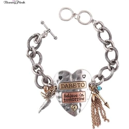 Banny Pink Big Heart Charms Bracelet Bangle For Women Powerful Believe in tomorrow Link Chain Toggle Bangle Bracelet Pulseras