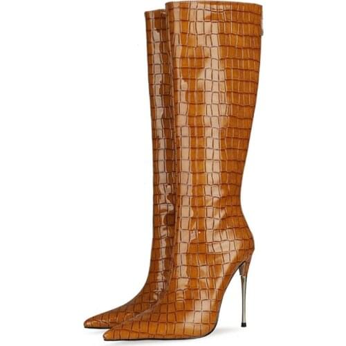 Stone Print Stiletto Heels Boots Patent Leather Metal High Heel Fashion Women Boots Short Back Zipper Big Size 47