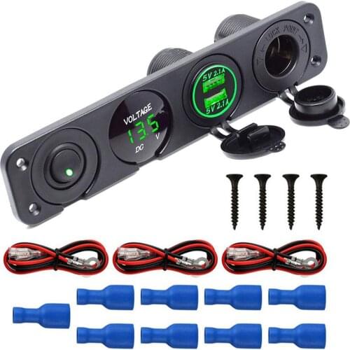 Dual USB Socket Charger + LED Voltmeter + 12V Power Outlet + ON-Off Toggle Switch Four Functions Panel for Car Boat Accessories