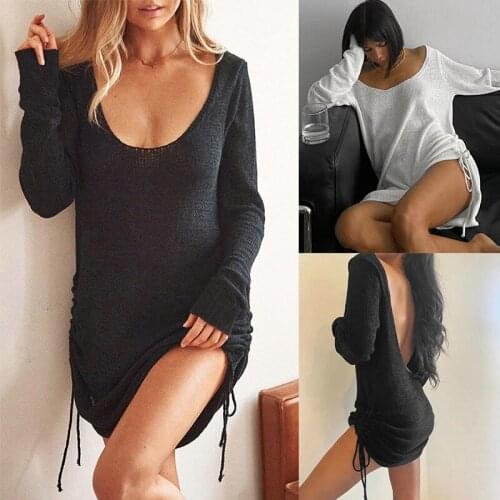 Autumn Fast Selling Wool Dress Sexy U-neck Open Back Drawstring Solid Color Wool Dress