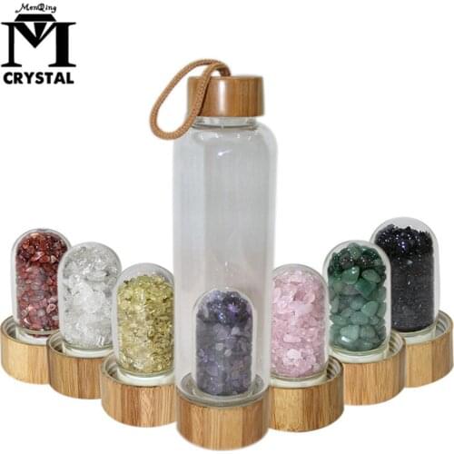 2021 Drop Shipping Natural Crystal Quartz Gravel Gemstone Healing Glass Energy Elixir drink Water Bottle Bamboo glass cup gift