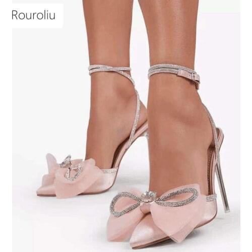 2021 Crystal Thin High Heel Bowknot Sandals Women Summer Pointed Toe Rhinestones Sandals Female Casual Party Shoes