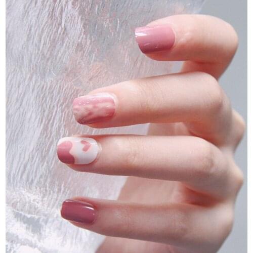 24pcs Love Heart Printed Nail Patch Glue Type Removable Short Paragraph Fashion Manicure False Nail Patch DL