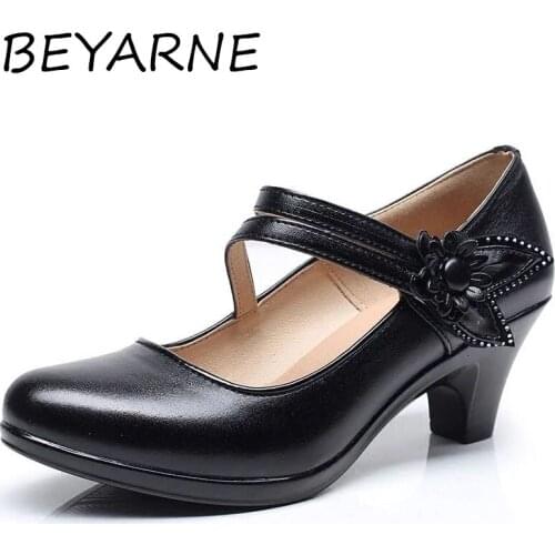BEYARNE Genuine Leather Black OL Work Shoes Women Low Heels Pumps 2021 Spring New Lady Casual Shoes Flower Pumps For Womens
