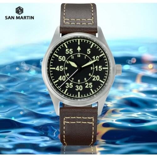 San Martin Pilot Military Watch Mens Watch Simple Style Mechanical Quartz Leather Strap 200m Waterproof Luminous Vintage Watch