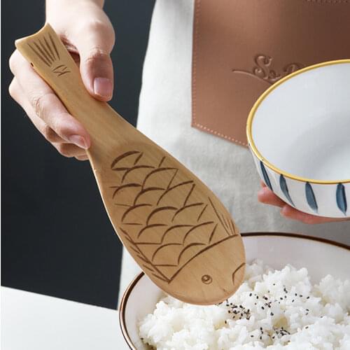 BalmDays Kitchen Wooden Rice Serving Spoon Wood Rice Paddle Spatula Cute Fish Rice Spoon Scoop Potato Meal Server Cooking Tools