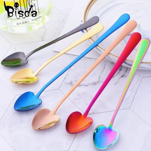 1Pc Stainless Steel Dessert Spoon Long Handle Ice Scoop Small Tea Coffee Spoons 8 Colors Lovely Dinnerware for Kit Party Tools
