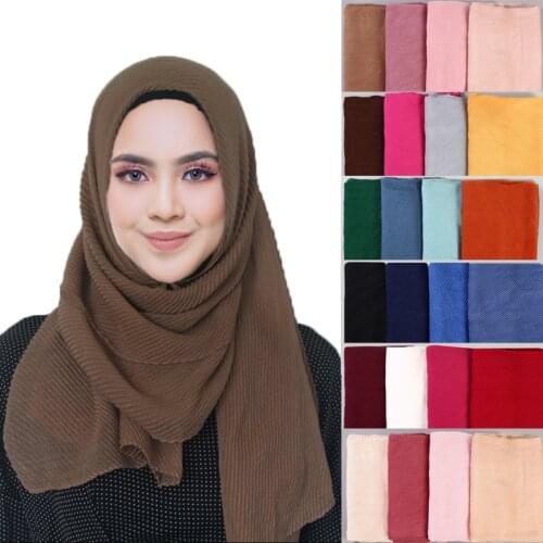 Womens Pleated Crinkle Cotton Hijab Scarf Muslim Plain Head Wrap Shawl Wrinkled Scarves Soft Islamic Headscarf Large Size