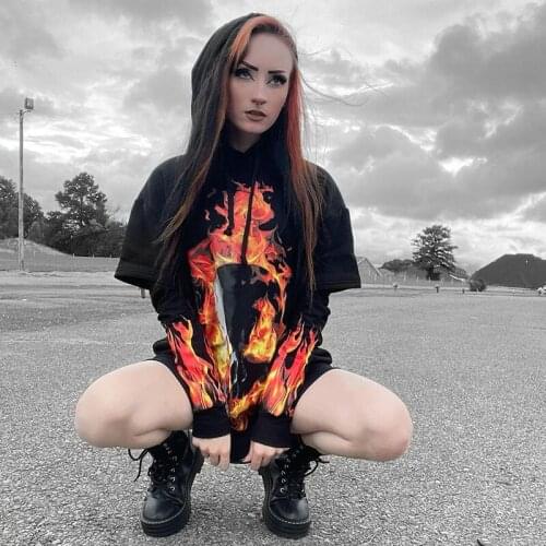 European and American womens cool dark street style flame hooded casual fake two-piece sweater
