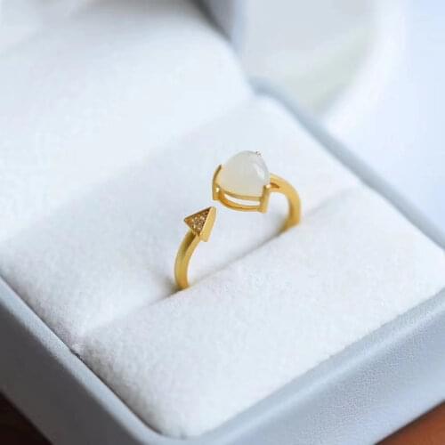 Natural Hetian Jade White Jade S925 Womens Sterling Silver Arrow Heart-Shaped High-Grade Frosted Mouth Ring Valentines Day Gif