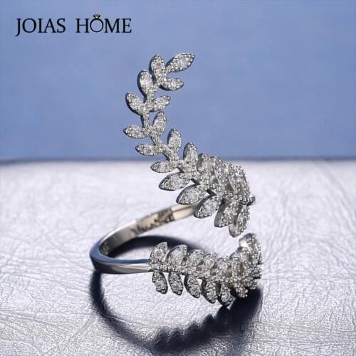 JoiasHome Luxury Silver 925 Jewelry Womens Zircon Ring Fashion Plant Leaf Opening Resizable Female Wedding Engagement Ring Gift