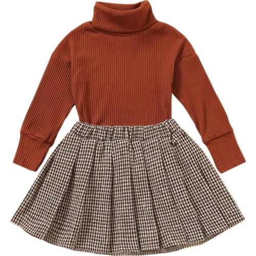 2-6Years Girls Casual Two-piece Clothes Set Solid Color Turtleneck Knitwear and Pleated Skirt