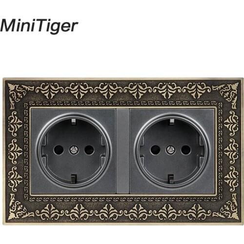 Minitiger 16A Double EU Standard Power Socket 4D Embossing Retro Zinc Alloy Panel Wall Power Socket AC 110~250V Gold Colorful
