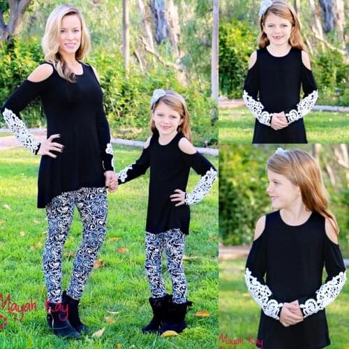 Fashion Clothes Outfits Mother Daughter Matching Casual Girls Lace T Shirts Women Off Shoulder Long Sleeve Blouse Shirt Clothes