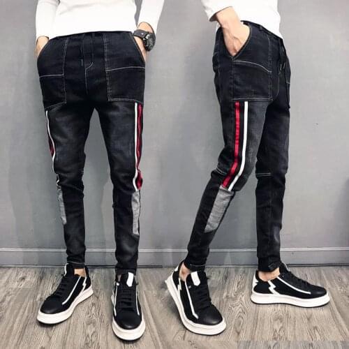 Fashion Hi-street Mens Hip Hop Slim Fit Vintage Drawstring Pants Elastic Waist Patchwork Jeans Joggers Korean For Male