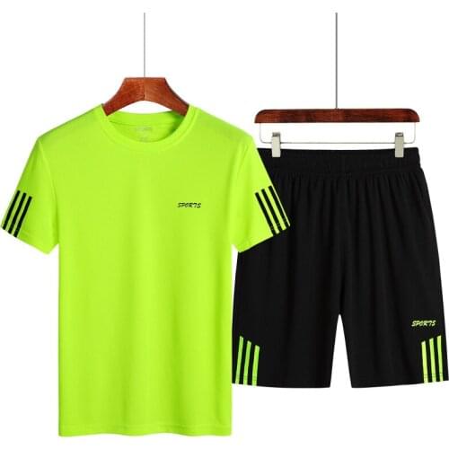 Asian Size 2021 Men Sets Casual 2 PCS Sweat Suit Striped Short Sleeve T-shirt Sets Male Sportswear Tracksuit Summer Sportsuit