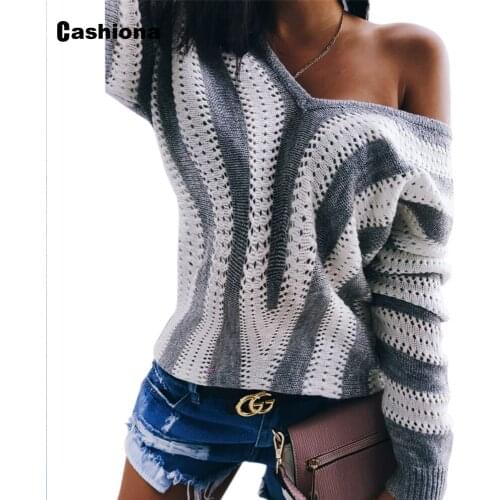 Cashiona Women New Knitting Sweater Patchwork Striped Jumper Pullovers Loose V-neck Sweaters Top Fashion Womens Clothing 2021