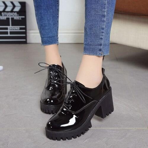 Autumn Winter Women Pumps Pointed High Heel womens shoes Thick heel Lace-up Patent leather Women High Heels Boots 889