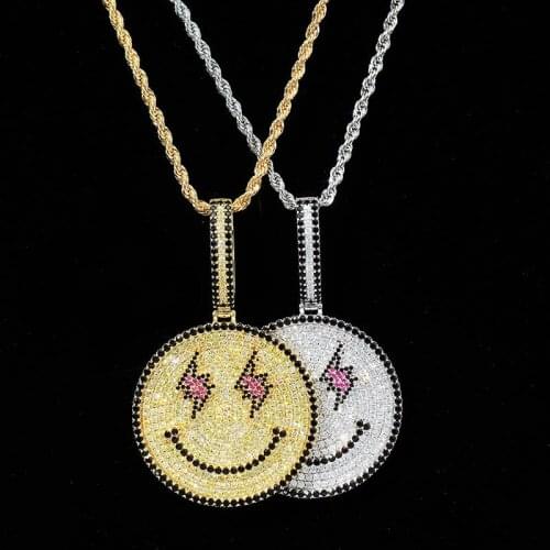 AAA+ Cubic Zirconia Paved Bling Ice Out Lightning Eyes Smiley Round Pendants Necklaces for Men Women Hip Hop Rapper Jewelry