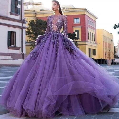 Sexy Sheer Neck Arabic Prom Dresses 2021 Long Sleeve Beaded Crystal Evening Dress Feather Party Gowns robe de soiree