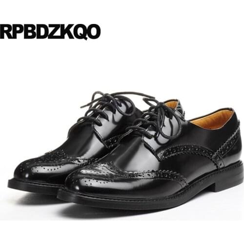 Patent leather brogue lace up fur vintage women oxfords shoes custom elevator handmade thick sole round toe genuine black luxury
