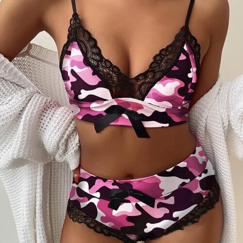 Plus Size Sexy Lingerie Porno Bow Lace Bra Panty Underwear Set Sexy Lenceria Women Camouflage Pajamas Set Babydoll Sleepwear 2XL