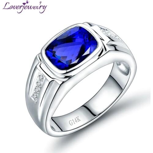 Luxury Tanzanite Men Style Wedding Ring Solid 14Kt White Gold Shinning Diamond Genuine Gem Fine Jewelry Ring For Father Birthday
