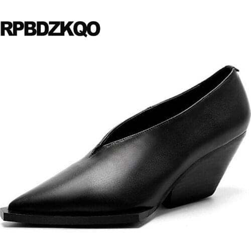 Handmade 2019 women special genuine leather size 4 34 pointed toe 33 sexy white high heels black wedge strange shoes pumps new