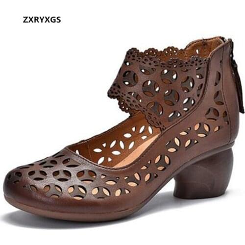 2021 New Summer High Quality Full Genuine Leather Sandals Hollow High-top Fashion Sandals Women Shoes Round Toe Roman Sandals