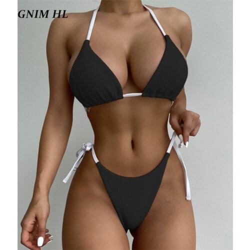 GNIM Sexy Bandage Solid Swimwear Women 2 Pieces Triangle Bikini Set 2021 Summer Backless Swimsuit Womens Sport Swimming Suit