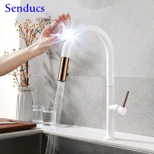Touch Kitchen Faucet Senducs White Pull Down Kitchen Mixer Tap Brass Sensor Kitchen Sink Faucet Luxury Rose Gold Touching Faucet
