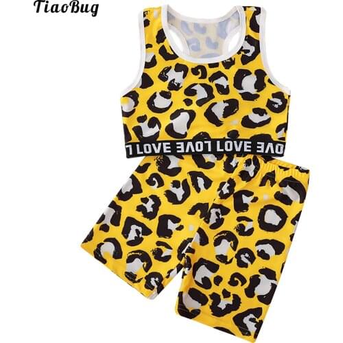 TiaoBug Baby Girls Summer Sport Clothes Set Sleeveless Round Neckline Letter Printed Vest Top With Shorts Leopard Print Outfit