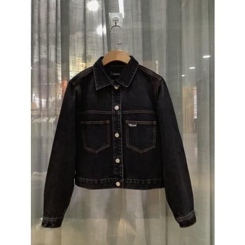 Women Jacket 2021 Early Autumn Casual All-match Embroidered 100% Cotton Black Denim Jacket