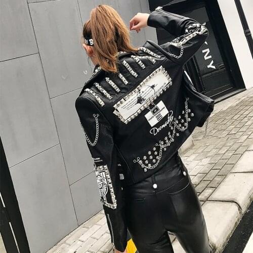 2021 Women Bead printing chain motorcycle leather jacket women fashion slim short jacket all-match Y735