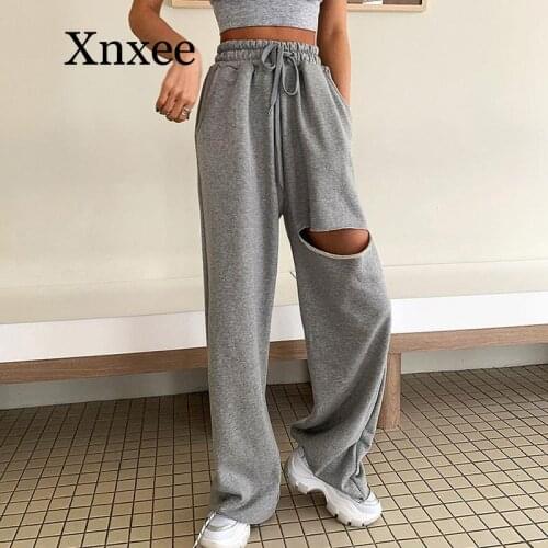 Gym sport pants gray Fashion Hole Sweatpants Women High Waist Casual Straight Loose Wide Leg Pants Streetwear Hip Hop Sweat Pant